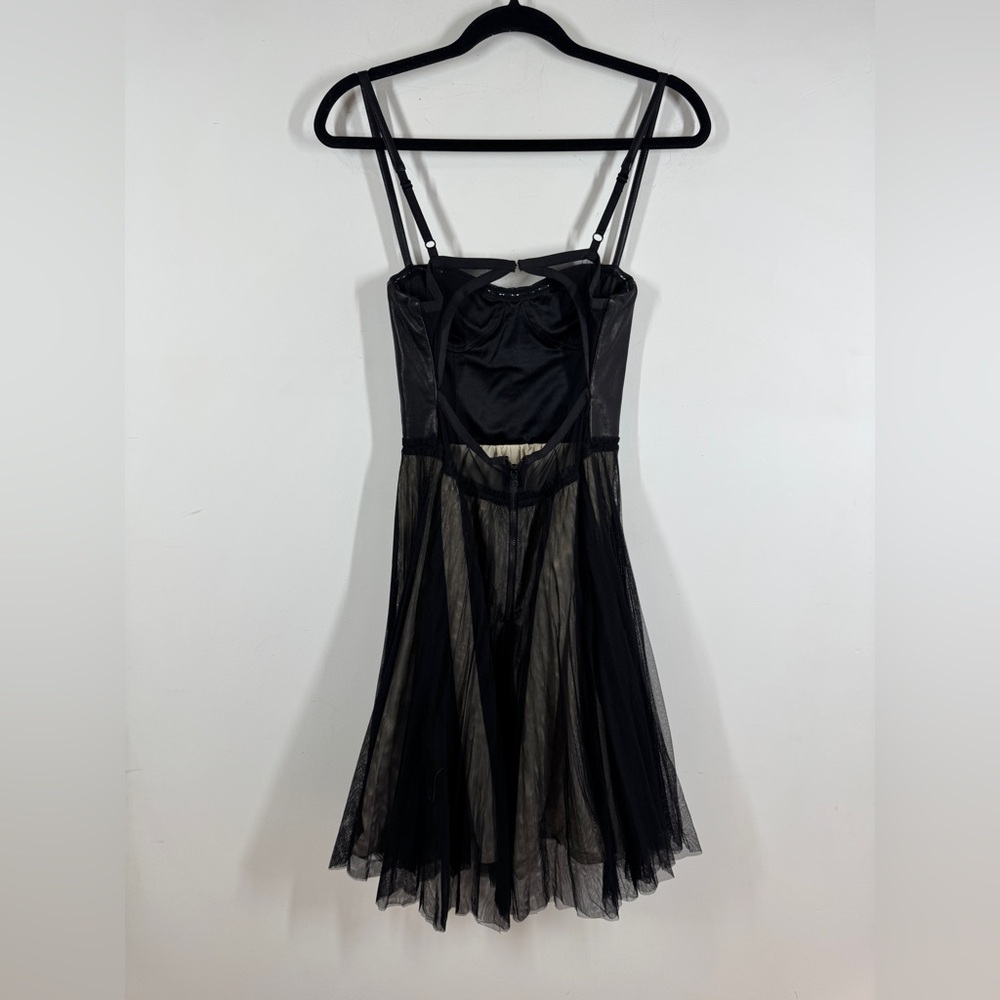 Alice + Olivia Leather Tulle Dress Black Fit Flare Party Mini Size 6 Dark Goth - Picture 6 of 15